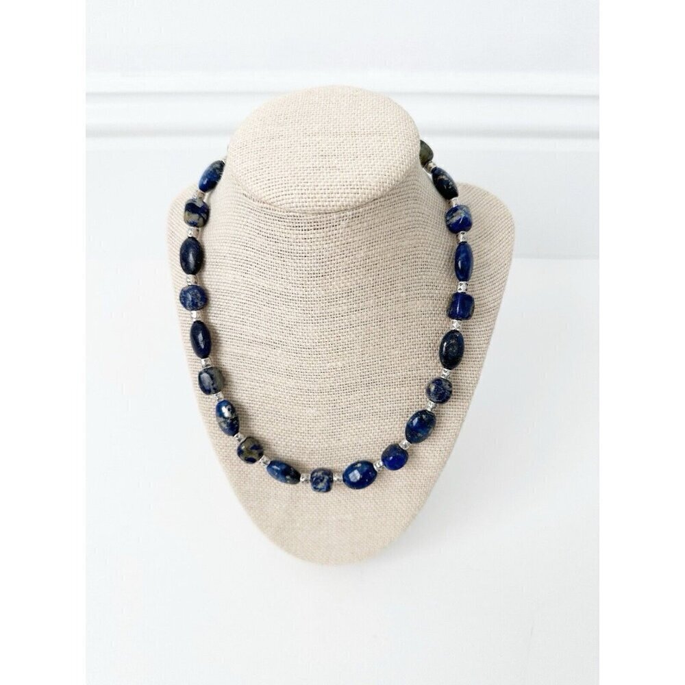 NWT Genuine Lapis Lazuli & Metallic Beads Necklace Blue Silver Beaded